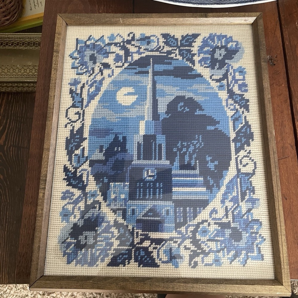 Vintage Crewel Village In Blue Embroidered Framed Wall Decor 12x15"